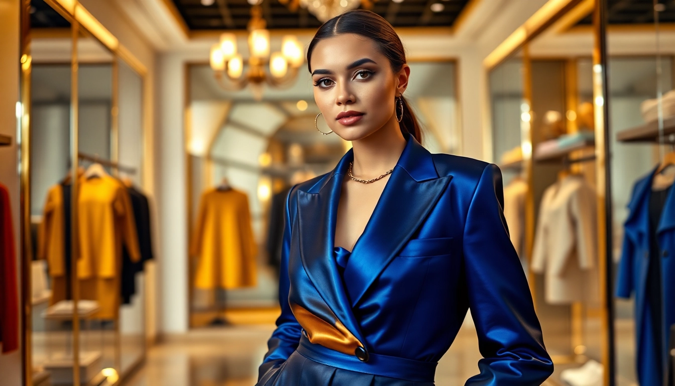 Alvionz luxury fashion model presenting elegant styles in a chic boutique.