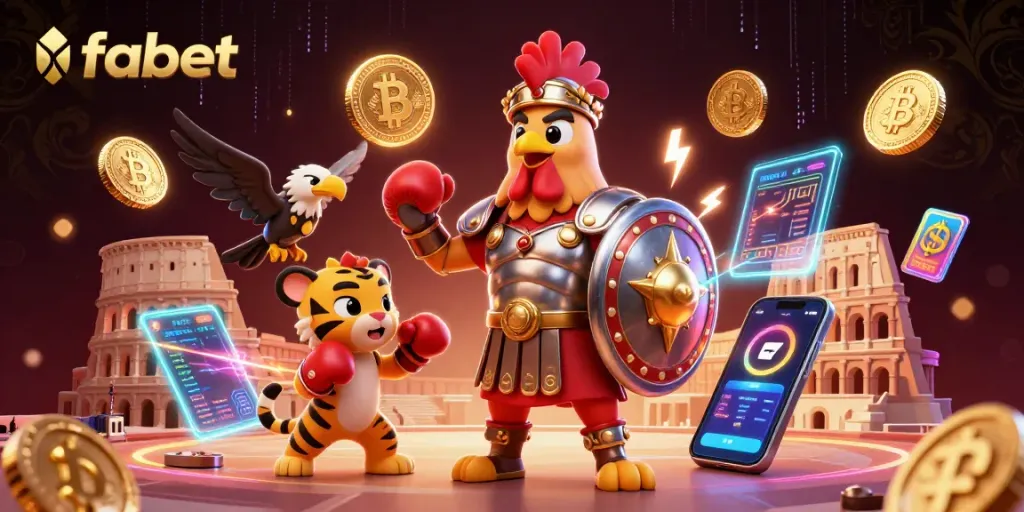Experience thrilling action and strategy with fabet's vibrant casino scene featuring dynamic characters and crypto elements.