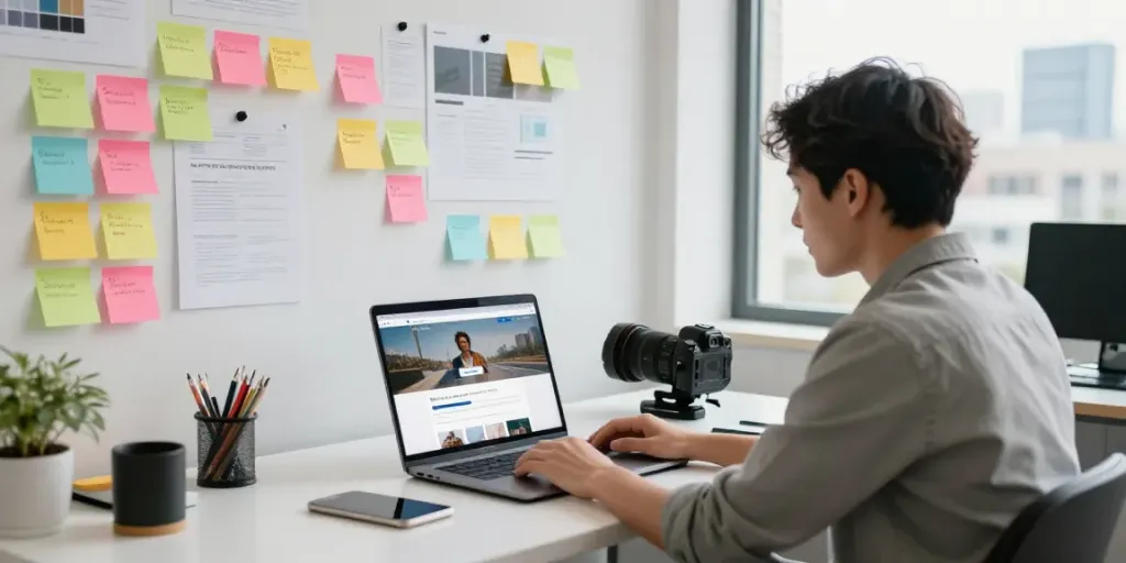 Professioneller Webdesign-Arbeitsbereich mit Laptop und Stadtblick, zeigt Webdesign Saarland.