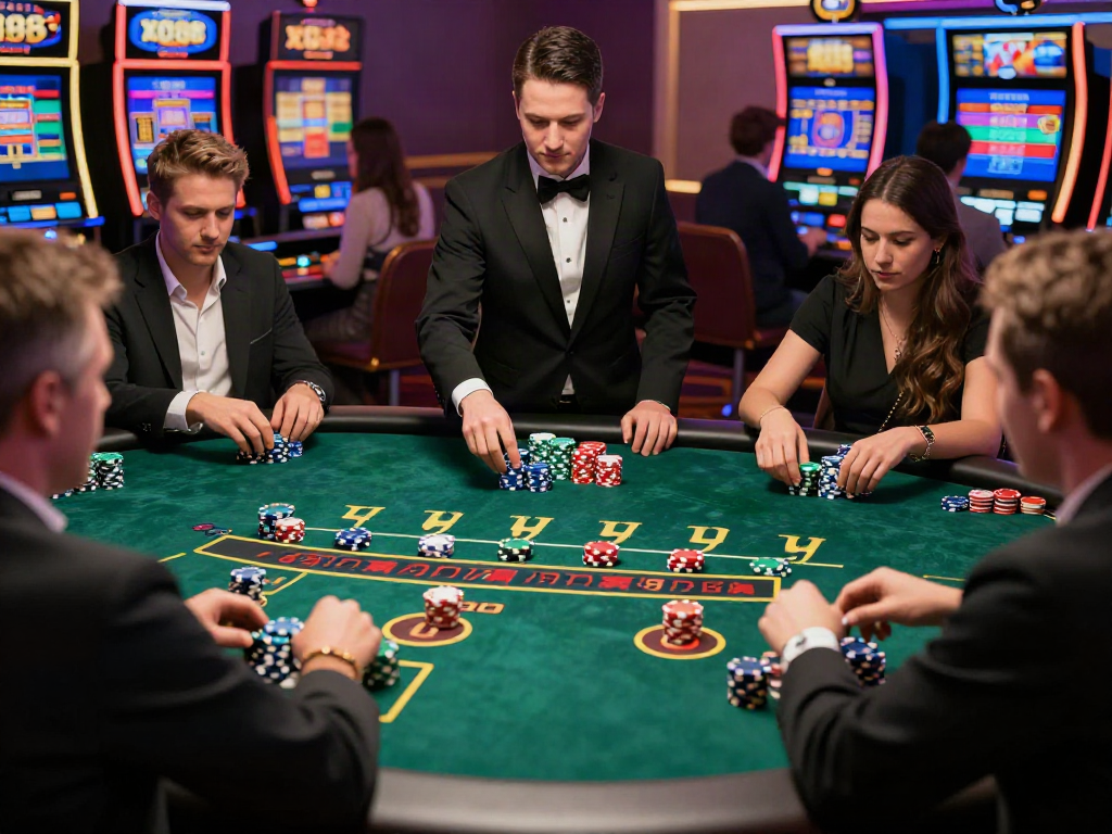 Casino players engaged at a Baccarat table, showcasing the excitement of online gambling at https://xo88.games/.