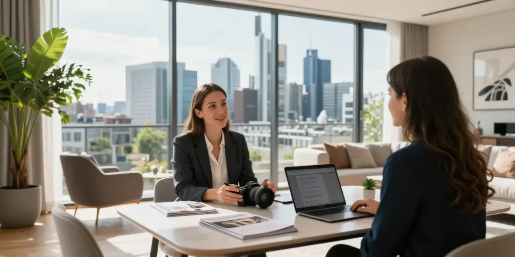 Bester Immobilienmakler Frankfurt präsentiert modernes Eigentum mit Blick auf die Frankfurter Skyline.