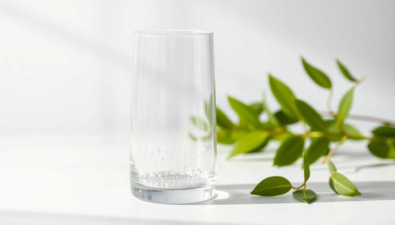Kolloidales Silber in einer eleganten Glasflasche, umgeben von frischen Blättern auf einem weißen Tisch.