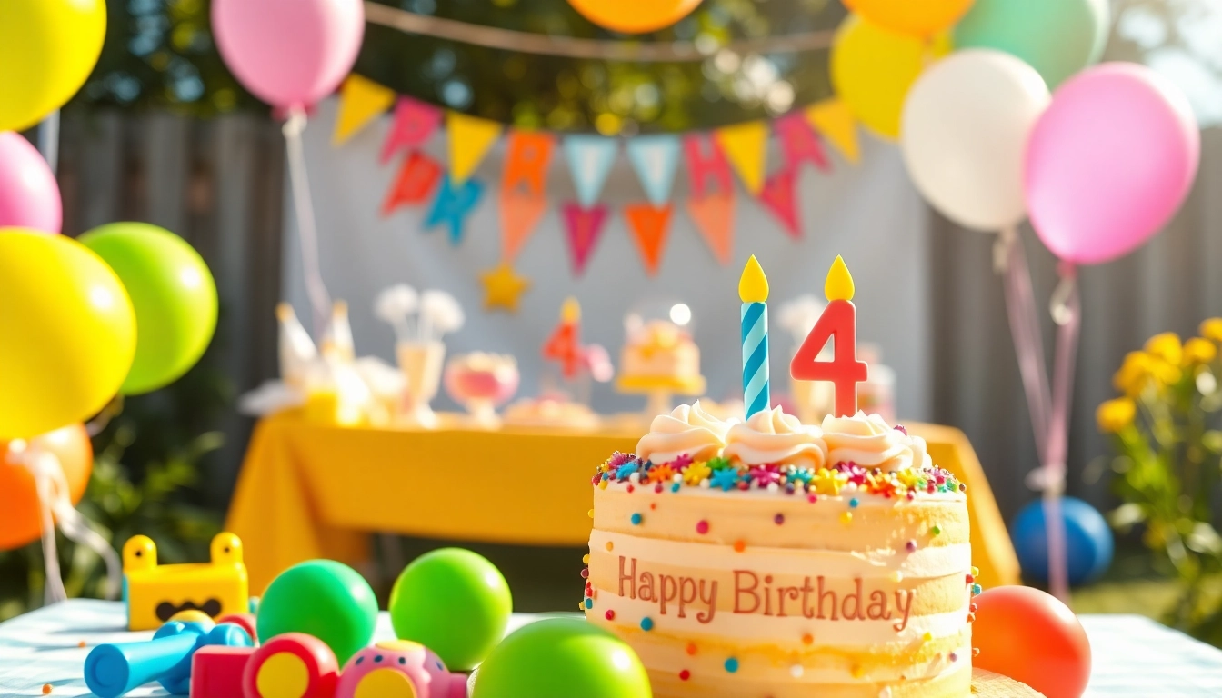 Ein fröhliches Kindergeburtstag 4 Jahre Fest mit bunten Ballons und einer Torte.
