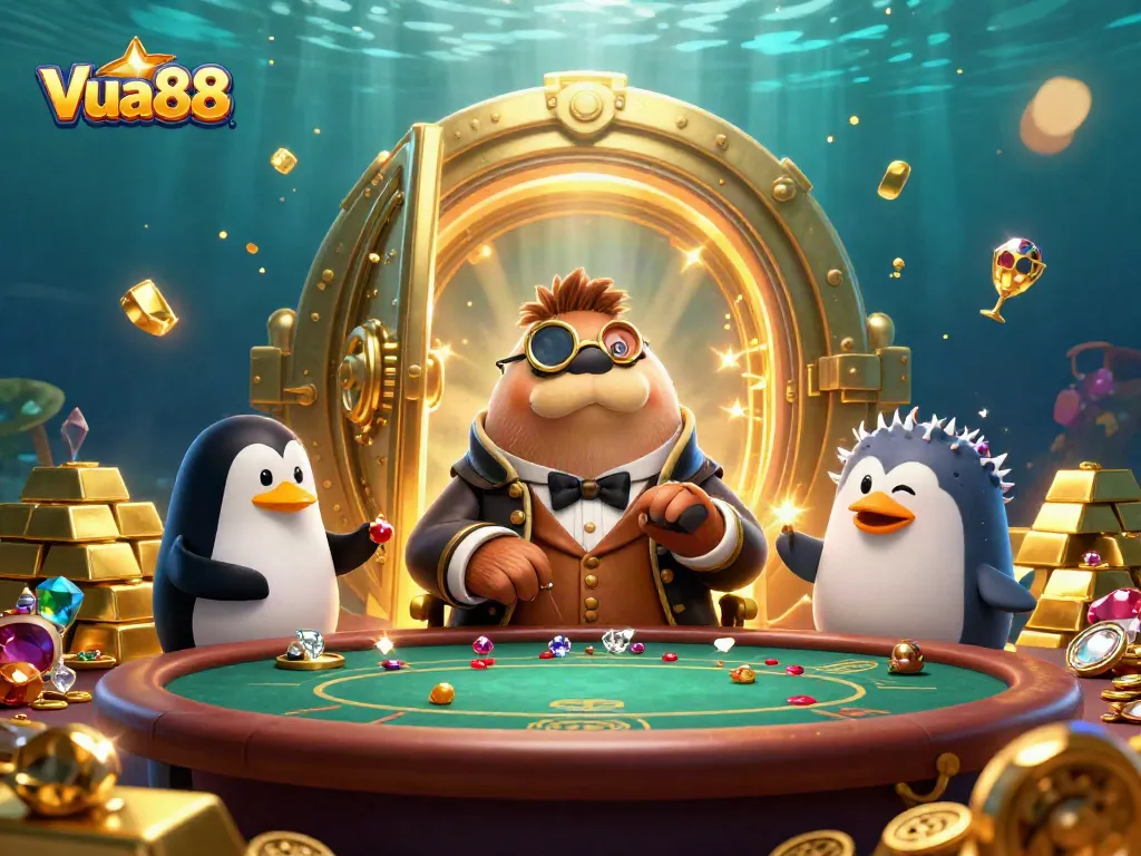 Experience Vua88’s underwater poker excitement with vibrant characters and dynamic treasure elements.