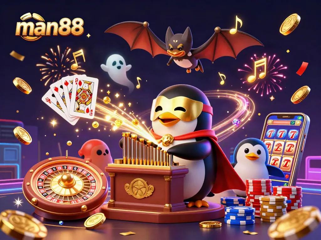Experience the excitement at man88 with a vibrant 3D casino scene featuring a penguin playing an organ filled with coins.