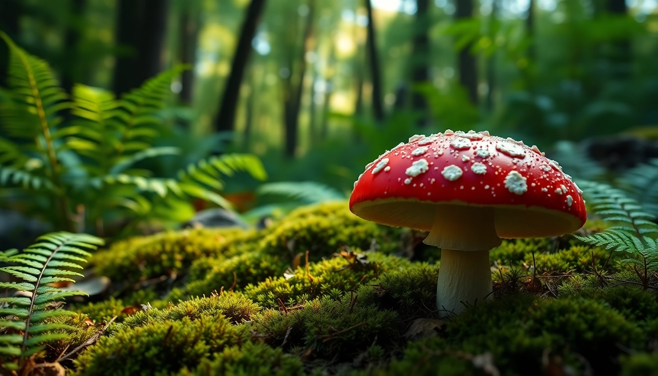 Fliegenpilz bestellen über einen lebendigen roten Fliegenpilz in einem Wald mit grünen Farnen.