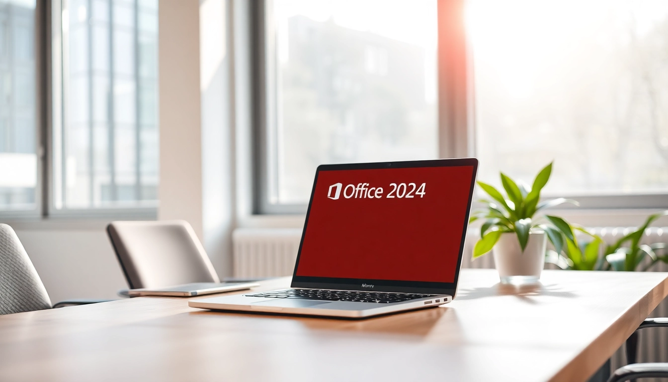 Microsoft Office 2024 Dauerlizenz für PC sichtbar auf einem eleganten Laptop in einer modernen und einladenden Büroarbeitsumgebung.