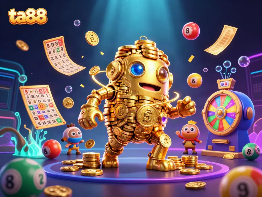 Play exciting games at ta88, featuring a dynamic scene with golden golems and lottery elements.
