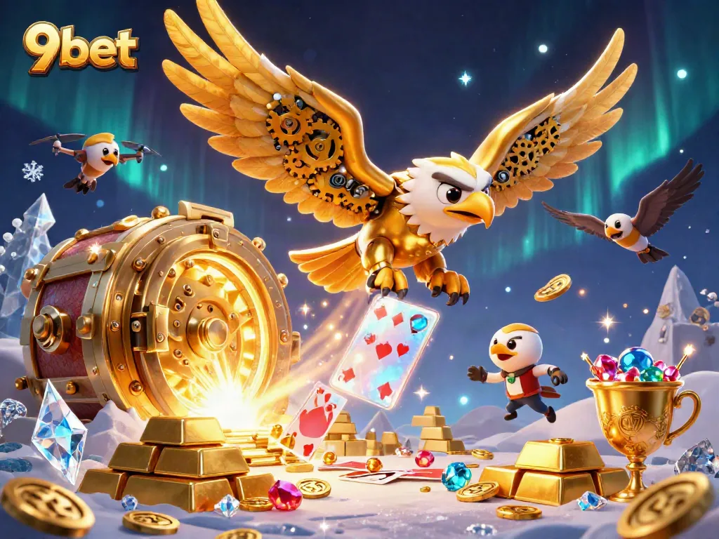 Experience thrilling gaming with 9bet's dazzling 3D illustration, featuring gold treasures and vibrant casino elements.