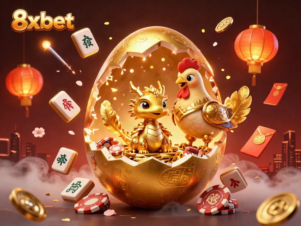 Engage with the vibrant world of 8xbet featuring a golden dragon amid poker chips and rich casino elements.