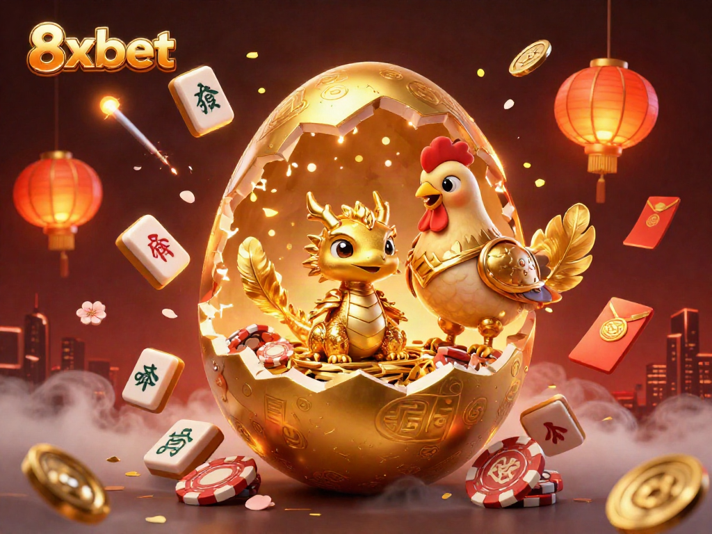 Engage with the vibrant world of 8xbet featuring a golden dragon amid poker chips and rich casino elements.