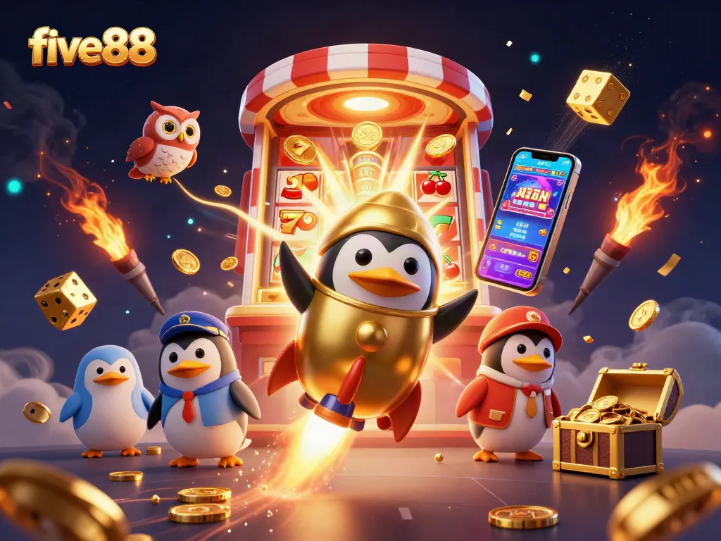 Experience the excitement of five88 with a golden penguin racing toward a dazzling casino station.