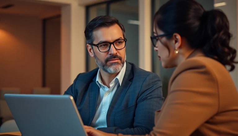 Headhunter advising a candidate in a modern office setting, showcasing professionalism and expertise.