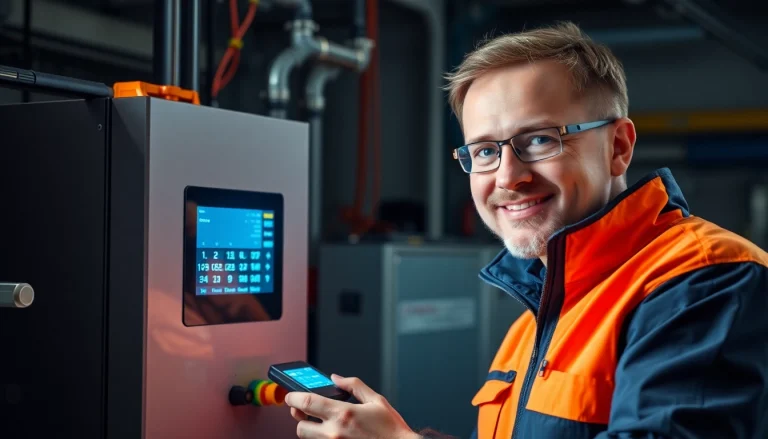 Techniker führt eine DGUV V3 Prüfung durch, überprüft die Sicherheit elektrischer Geräte in einem modernen Büro.