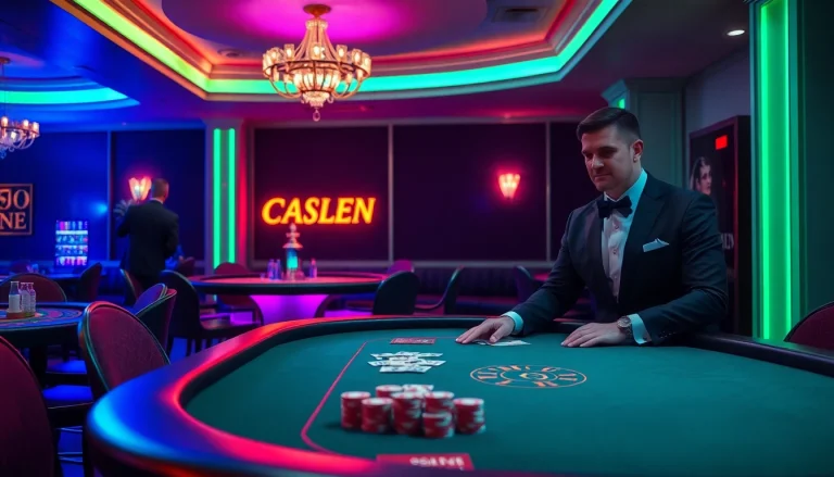 Spielen Sie im Casino ohne Anmeldung an einem eleganten Tisch mit bunten Neonlichtern.