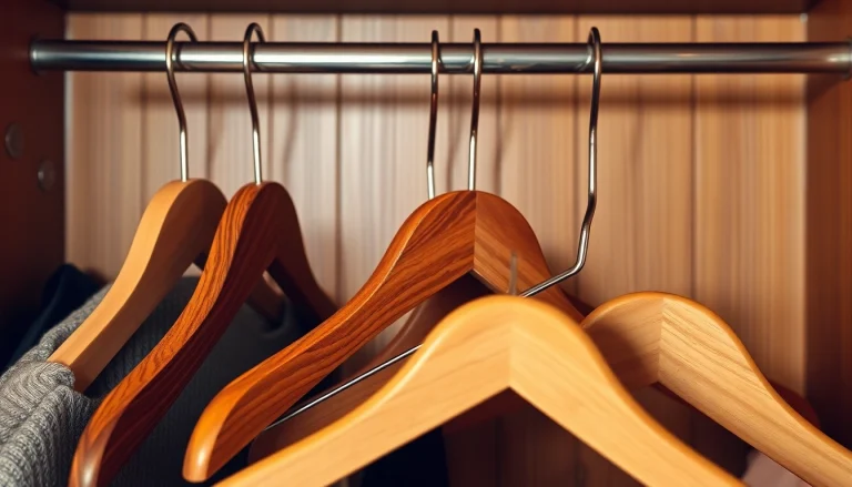 Kleiderbügel displayed elegantly on a wooden wardrobe showcasing various styles and materials for organization.