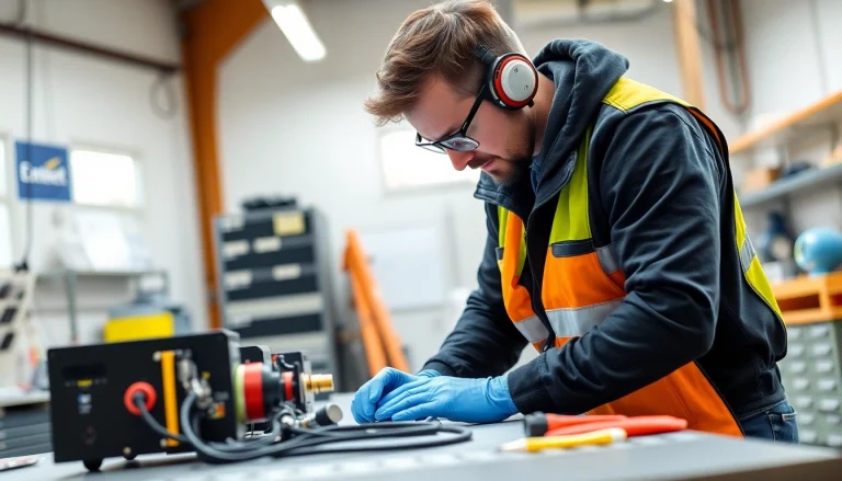Professionally performing a Geräteprüfung, demonstrating inspection tools and safety measures in use.