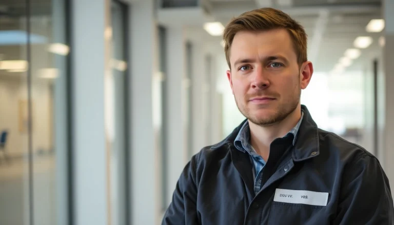 Techniker führt eine DGUV V3 Prüfung an elektrischen Geräten in einem modernen Büro durch.