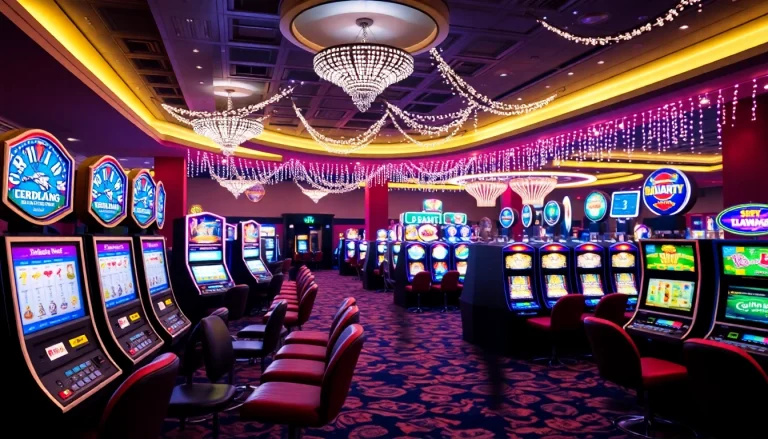 Erlebe den Casino Bonus in dieser aufregenden Casino-Umgebung mit bunten Lichtern und Spielautomaten.