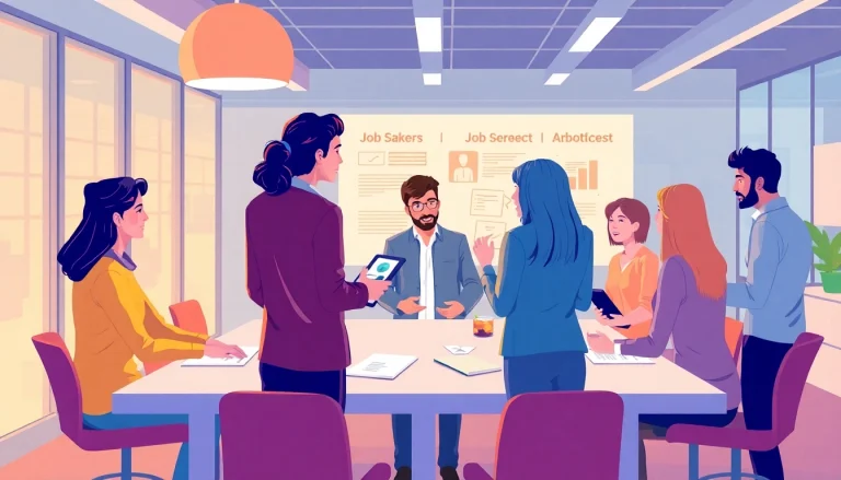 Job seekers engaging with diverse Stellenangebote in a bright, inviting office environment.