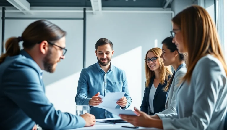 Business consultant engaged with clients discussing Unternehmensberatung strategies in a contemporary office setting.