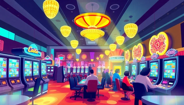 Engage with enticing Casino Bonus offers amidst a lively casino atmosphere featuring players and bright lights.