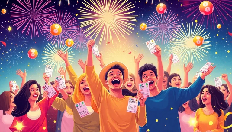 Celebrate Eurojackpot winnings with joyful winners and colorful fireworks.