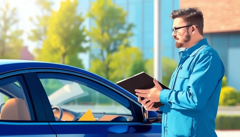 Proficient kfz gutachter in Köln examining a vehicle with a clipboard for quality assessment.