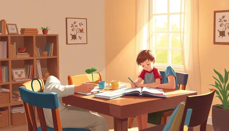 Illustration einer inspirierenden Heimunterricht-Szene im warmen Licht mit Eltern und Kind.