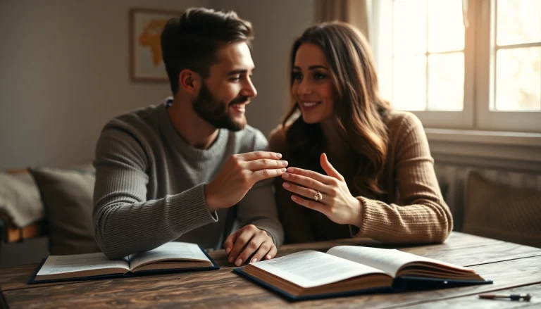 Couple discussing important topics in their premarital preparation course, highlighting engagement and commitment.
