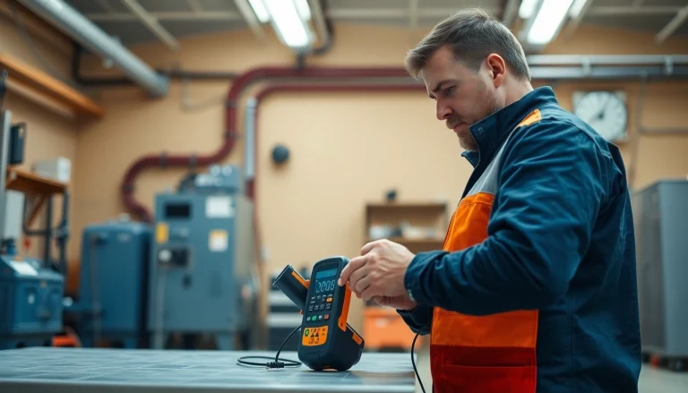 Visualize a Prüfung ortsveränderlicher elektrischer Betriebsmittel in action with an electrician inspecting equipment.