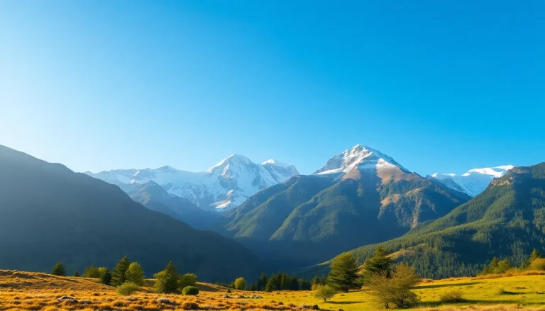 Discover the diverse climates in a serene landscape, showcasing lush greens and snowy peaks.