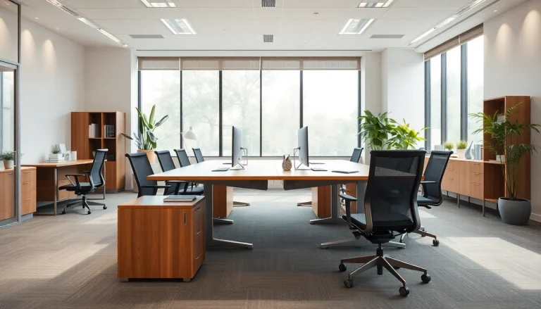 Moderne Büromöbel in einem eleganten, hellen Büro mit ergonomischen Stühlen und höhenverstellbaren Schreibtischen.