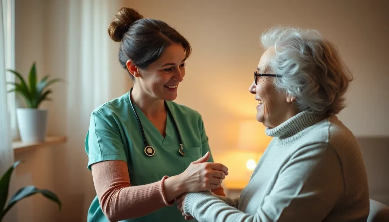 Pflegedienste Hameln: Pflegekraft unterstützt ältere Person mit empathischem Ansatz in komfortablem Raum.