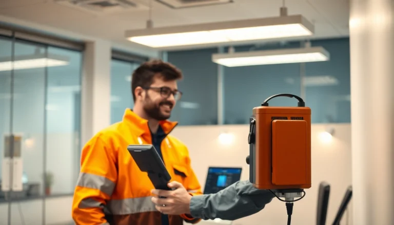 DGUV V3 Prüfung: Ein Prüfer führt eine elektrische Prüfung in einem Büro durch, um Sicherheit und Compliance zu gewährleisten.