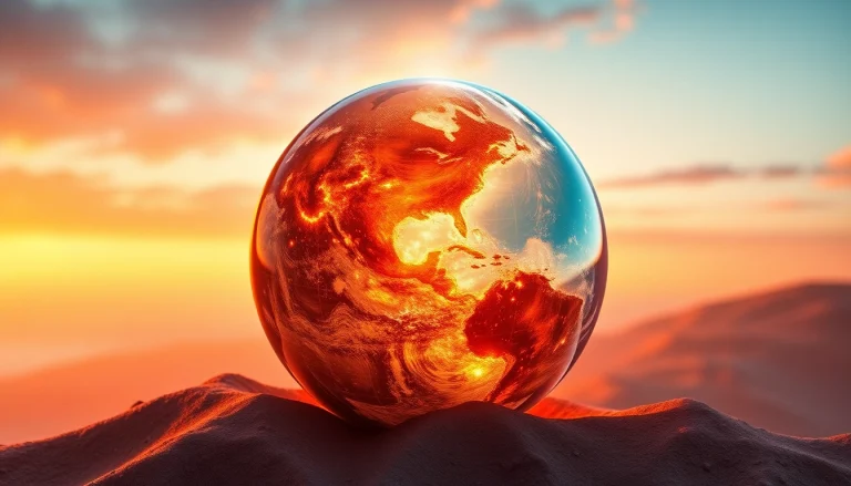 Klima zeigt die Vielfalt atmosphärischer Bedingungen auf einem stilisierten Erdball in warmen Farben.