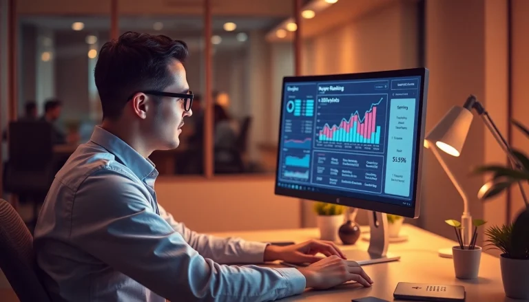 Überprüfen Sie Ihr SEO-Ranking mit einem digitalen Marketer an seinem Computer, während er Rankings analysiert.