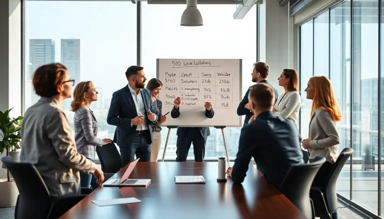 Aktives Vertriebsteam diskutiert Strategien mit einem Headhunter für Vertrieb im modernen Büro.