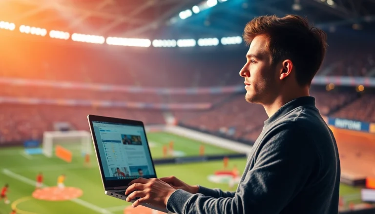 Junger Erwachsener, der mit Begeisterung auf einer Sportwetten-Plattform sportwetten nutzt.