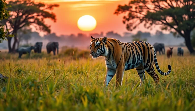 Experience the thrill of wildlife safari tours in India with a Bengal tiger in a lush national park.