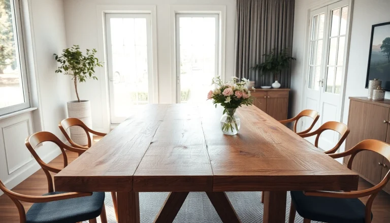 Entdecken Sie einen hochwertigen Esstisch Eiche mit natürlicher Baumkante in einem stilvollen Esszimmer, ideal für gemütliche Abendessen.
