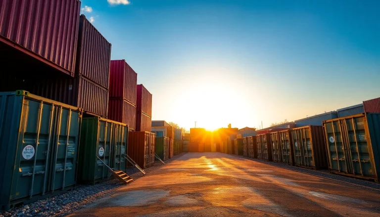 Schrottplatz Duisburg mit bunten Altmetallen und Recyclingcontainern in der Abenddämmerung