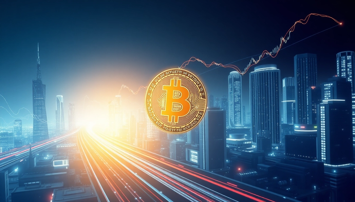 Visualisieren Sie den Bitcoin Preis USD in einem beeindruckenden Gold-Bitcoin-Symbol vor einer futuristischen Stadtlandschaft.