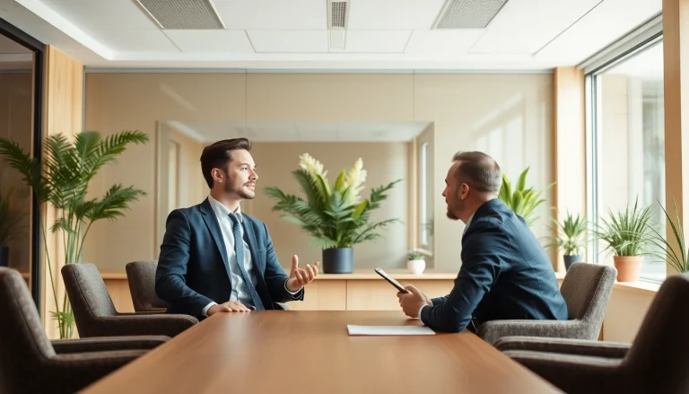 Headhunter führt ein Beratungsgespräch mit einem Kandidaten in einem modernen Büro.