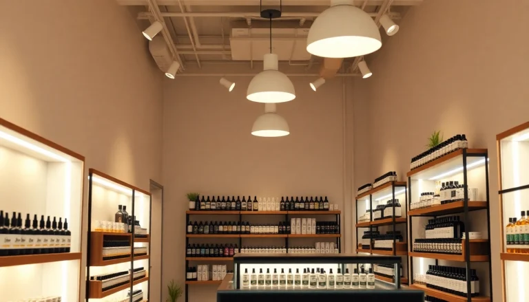 CBD Produkte im modernen Verkaufsraum präsentieren, verlockend und einladend.