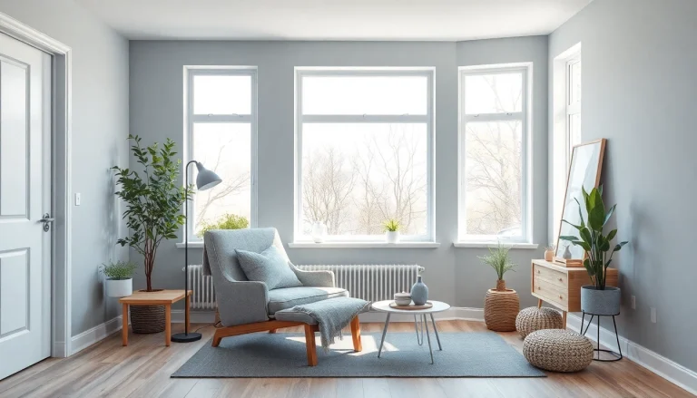 Raumgestaltung eines modernen Wohnraums mit sanften Farben und minimalistischen Möbeln.