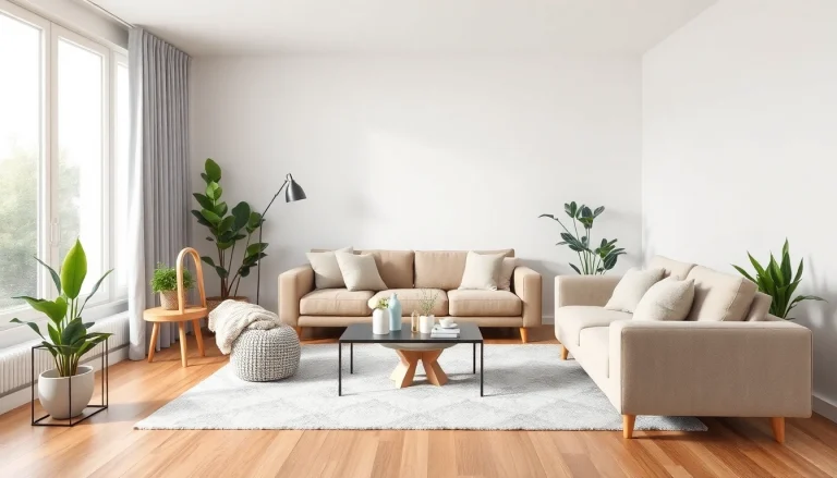 Moderne Raumgestaltung mit hellen Farben, elegantem Sofa und Pflanzen für einladendes Ambiente.