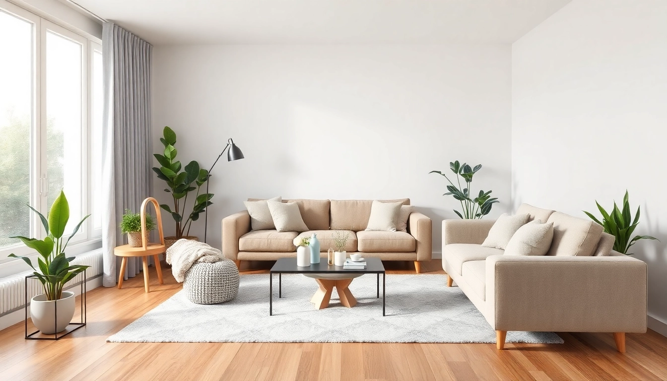 Moderne Raumgestaltung mit hellen Farben, elegantem Sofa und Pflanzen für einladendes Ambiente.