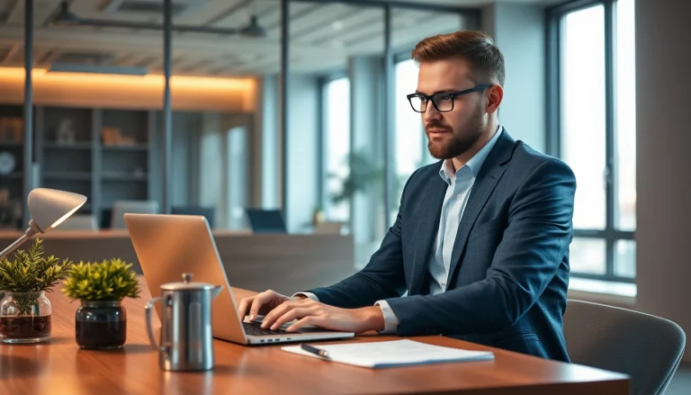 Headhunter arbeitet konzentriert in modernem Büro mit Laptop.