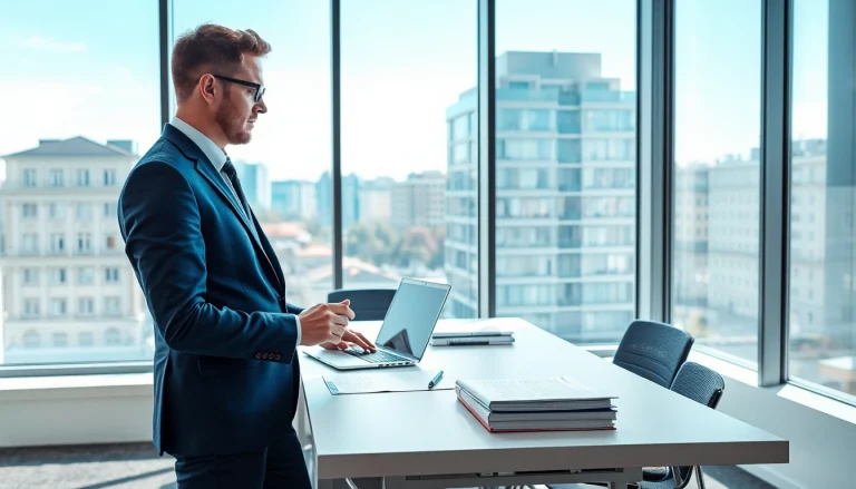 Headhunter Saarbrücken in einem modernen Büro während der Arbeit, umgeben von Akten und einem Laptop.